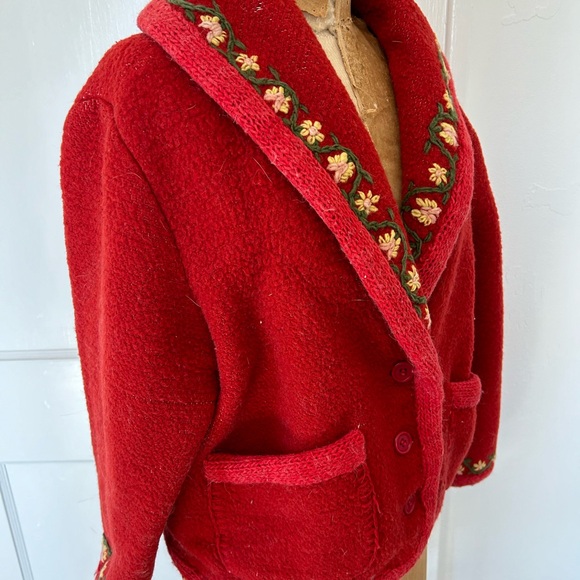 Vintage 80’s wool shawl collared jacket with crewel embroidery & blanket stitch - Picture 5 of 14